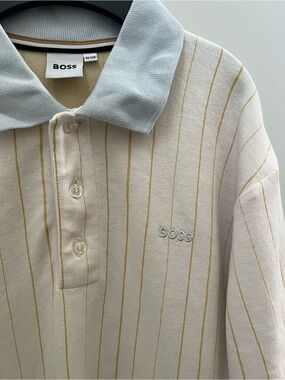 BOSS Kids Cream Polo with Gold Pinstripes and Light Blue Collar